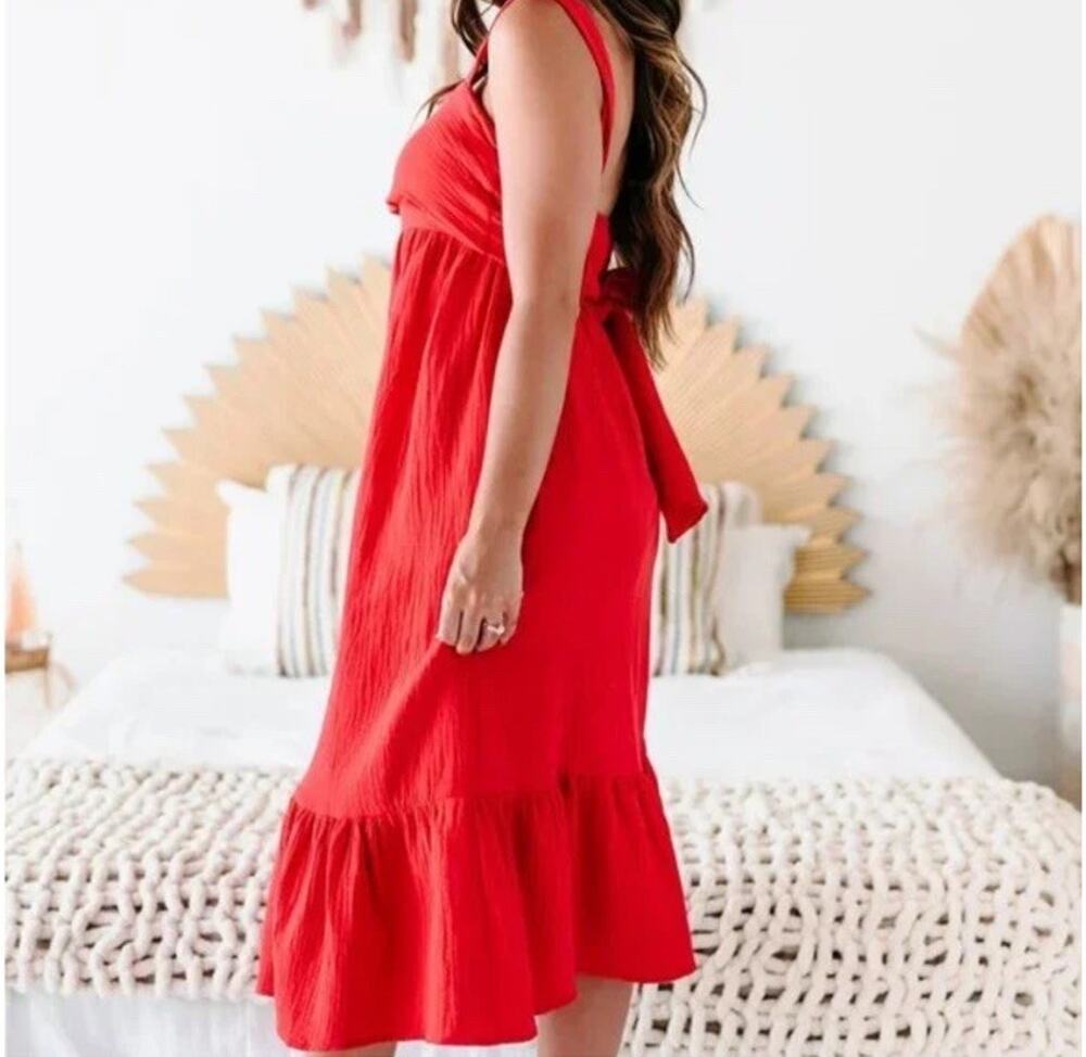 Entro Red Gauze Dress Womens M Tiered Ruffle Hem Sleeveless Summer Boho Midi